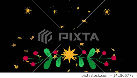 Showing flat garland spanning black canvas with yellow burst, green leaves, red berries, gold stars 141806772