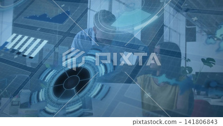 Leaning man in shirt, seated woman in sleeveless top analyzing laptop with AR UI in office Leaning man in shirt, seated woman in sleeveless top analyzing laptop with AR UI in office 141806843
