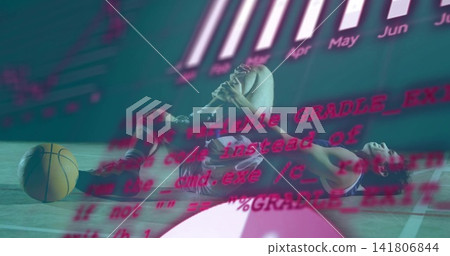 Clutching dark-jersey player holding right knee on court, with basketball shoes code chart overlays Clutching dark-jersey player holding right knee on court, with basketball shoes code chart overlays 141806844