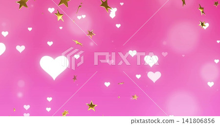 Glowing pattern filling pink gradient backdrop showing white hearts, gold stars, bokeh sparkles Glowing pattern filling pink gradient backdrop showing white hearts, gold stars, bokeh sparkles 141806856