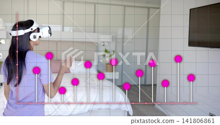Standing woman wearing VR headset, lilac top interacting with magenta bars in bedroom, copy space 141806861