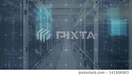 Leading narrow server racks receding down data center aisle, showing LED indicators digital grid Leading narrow server racks receding down data center aisle, showing LED indicators digital grid 141806903