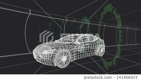 Rotating wireframe 3D car model sliding through curved virtual tunnel, with green HUD rings Rotating wireframe 3D car model sliding through curved virtual tunnel, with green HUD rings 141806925