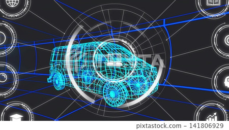 Displaying cyan wireframe van model centered in virtual dashboard, showing HUD rings and node links Displaying cyan wireframe van model centered in virtual dashboard, showing HUD rings and node links 141806929