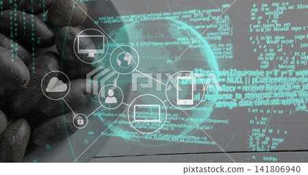 Holding human hand displaying smooth dark stones on wood plank with teal hologram code, copy space Holding human hand displaying smooth dark stones on wood plank with teal hologram code, copy space 141806940