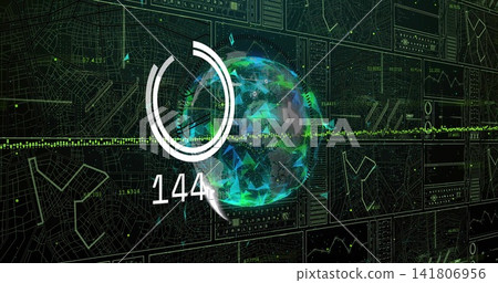 Rotating holographic globe showing progress ring, numeric 144 and green waveform in HUD Rotating holographic globe showing progress ring, numeric 144 and green waveform in HUD 141806956
