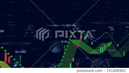 Displaying green dotted line chart centered on digital dashboard, with candles and numbers Displaying green dotted line chart centered on digital dashboard, with candles and numbers 141806962