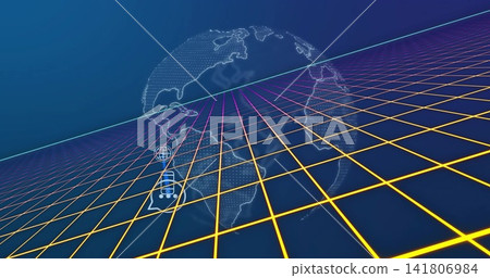 Floating wireframe globe hovering above neon grid plane, showing magenta or cyan lines with UI icons Floating wireframe globe hovering above neon grid plane, showing magenta or cyan lines with UI icons 141806984