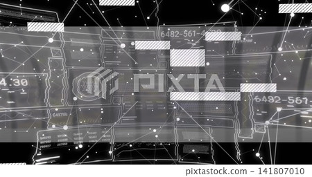 Displaying curved hologram dashboard at control desk, with layered UI panels and data nodes Displaying curved hologram dashboard at control desk, with layered UI panels and data nodes 141807010