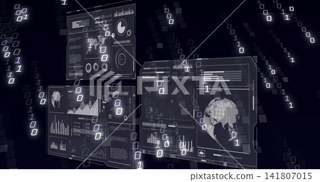 Streaming binary digits overlaying hologram dashboard panels showing charts and globe in cyberspace Streaming binary digits overlaying hologram dashboard panels showing charts and globe in cyberspace 141807015