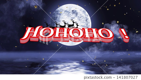 Floating large 3D HOHOHO ! text across night sky over water, full moon sleigh reindeer sparkles Floating large 3D HOHOHO ! text across night sky over water, full moon sleigh reindeer sparkles 141807027