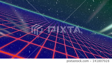 Stretching slanted neon grid plane receding toward cyan horizon at retro plain with starry specks Stretching slanted neon grid plane receding toward cyan horizon at retro plain with starry specks 141807028