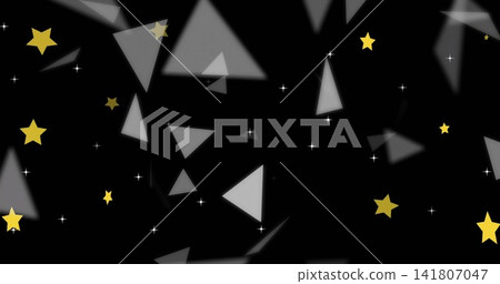 Glowing cluster drifting in black void, with blurred triangular shards, yellow stars, white dots Glowing cluster drifting in black void, with blurred triangular shards, yellow stars, white dots 141807047