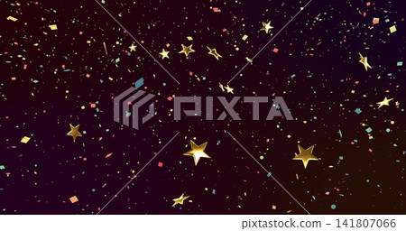 Floating glossy gold stars drifting through digital void, with colorful confetti Floating glossy gold stars drifting through digital void, with colorful confetti 141807066
