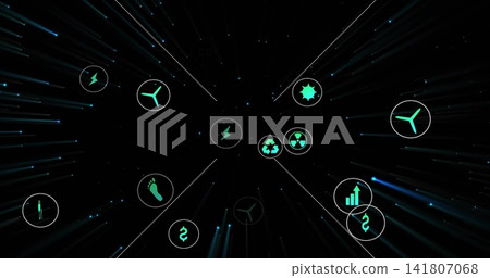 Radiating teal icons forming abstract digital network at center, showing turbine, recycle, dollar Radiating teal icons forming abstract digital network at center, showing turbine, recycle, dollar 141807068