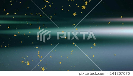 Shining gold stars and sparkles drifting over teal-deep-blue gradient with long light beam glowing Shining gold stars and sparkles drifting over teal-deep-blue gradient with long light beam glowing 141807070
