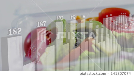 Combining sliced avocado with citrus and tomato over bar chart on studio set, numeric labels rising 141807074