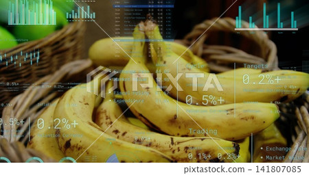 Showing cluster of ripe bananas sitting in wicker basket on table, featuring financial graphs Showing cluster of ripe bananas sitting in wicker basket on table, featuring financial graphs 141807085