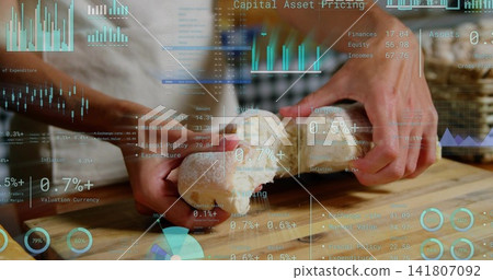 Tearing forearms in short sleeves pulling rustic loaf on kitchen countertop, with financial HUD Tearing forearms in short sleeves pulling rustic loaf on kitchen countertop, with financial HUD 141807092