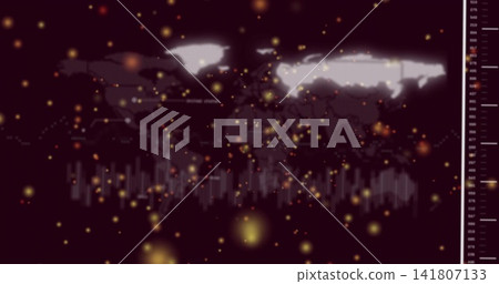 Displaying stylized world map on maroon dashboard, showing glowing bokeh, soft bars, right scale 141807133
