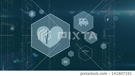 Glowing hexagon showing heart pulse on medical dashboard with medical icon hexagons, copy space Glowing hexagon showing heart pulse on medical dashboard with medical icon hexagons, copy space 141807191