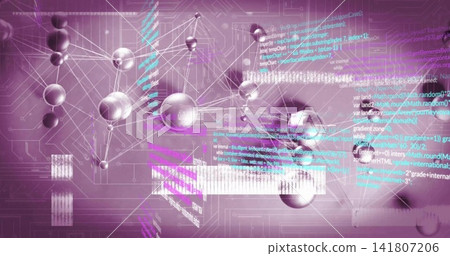 Rotating central cluster linking metallic spheres via thin lines in virtual canvas, with data bars Rotating central cluster linking metallic spheres via thin lines in virtual canvas, with data bars 141807206