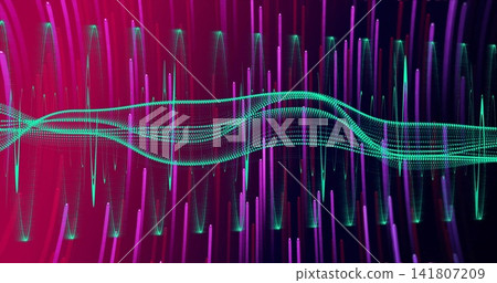 Flowing teal-green dotted waveform ribbon across magenta to indigo gradient, showing light streaks Flowing teal-green dotted waveform ribbon across magenta to indigo gradient, showing light streaks 141807209