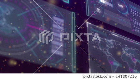 Floating translucent holographic panels showing HUD data in control room, with radar and world map Floating translucent holographic panels showing HUD data in control room, with radar and world map 141807210