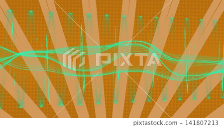 Pulsing layered teal waveform flowing across digital canvas, with vertical spikes and glowing nodes Pulsing layered teal waveform flowing across digital canvas, with vertical spikes and glowing nodes 141807213