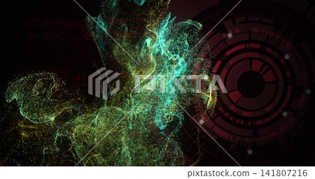 Swirling turquoise and green particle cloud moving across dark studio-like void, with HUD ring Swirling turquoise and green particle cloud moving across dark studio-like void, with HUD ring 141807216