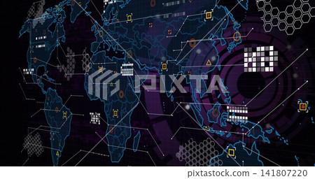 Displaying stylized map showing neon outlines, grid, hex mesh, links and nodes on dashboard Displaying stylized map showing neon outlines, grid, hex mesh, links and nodes on dashboard 141807220