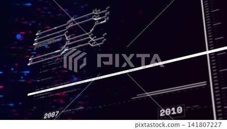 Displaying abstract timeline floating in virtual dashboard, with diagonal stripe and 2007 marker Displaying abstract timeline floating in virtual dashboard, with diagonal stripe and 2007 marker 141807227