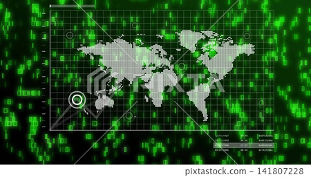 Displaying rectangular panel with dotted world map on digital screen, showing target radial lines 141807228