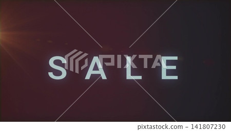 Displaying large uppercase SALE lettering glowing on digital banner, with lens flare and film grain Displaying large uppercase SALE lettering glowing on digital banner, with lens flare and film grain 141807230