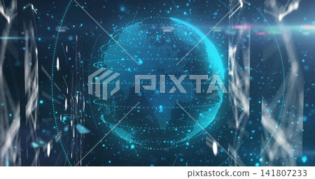 Floating cyan-blue holographic globe rotating within dark virtual studio, with rings and scan lines Floating cyan-blue holographic globe rotating within dark virtual studio, with rings and scan lines 141807233