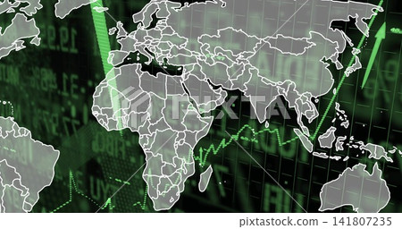 Showing translucent world map over dark market dashboard, displaying green line charts and arrows Showing translucent world map over dark market dashboard, displaying green line charts and arrows 141807235