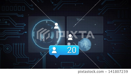 Displaying blue notification bubble with user silhouette 20 on futuristic dashboard, with HUD rings 141807239