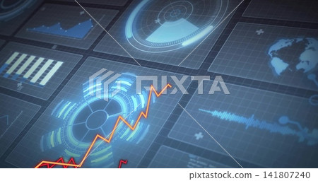 Displaying glowing circular HUD with concentric rings on analytics dashboard, orange zigzag overlay Displaying glowing circular HUD with concentric rings on analytics dashboard, orange zigzag overlay 141807240