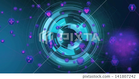 Rotating circular HUD scanning in virtual dashboard, with hex icons, medical crosses, network lines Rotating circular HUD scanning in virtual dashboard, with hex icons, medical crosses, network lines 141807242