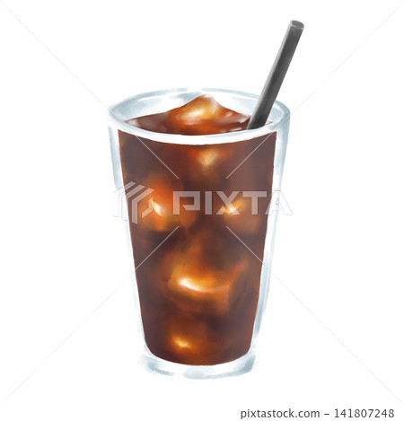 水彩畫，描繪了一杯冰咖啡和一根吸管。 141807248