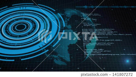 Displaying stylized dotted Earth globe with concentric HUD rings on virtual grid, showing code Displaying stylized dotted Earth globe with concentric HUD rings on virtual grid, showing code 141807272