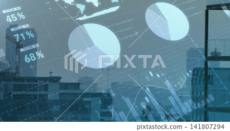 Projecting translucent data overlay covering urban district, with pie charts, percent labels, crane Projecting translucent data overlay covering urban district, with pie charts, percent labels, crane 141807294
