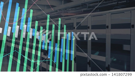 Displaying server racks in server room, featuring overhead cables, LEDs and green blue data overlay Displaying server racks in server room, featuring overhead cables, LEDs and green blue data overlay 141807299