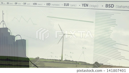 Standing 3-blade turbine on ridge, showing bar and line charts left, metrics right, currency ribbon Standing 3-blade turbine on ridge, showing bar and line charts left, metrics right, currency ribbon 141807401