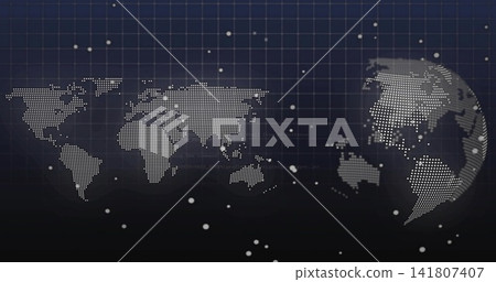 Displaying stylized dotted world map and 3D globe on virtual dashboard, with grid overlay 141807407