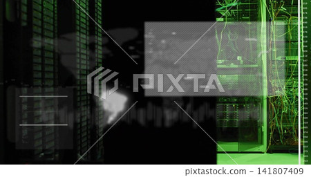 Revealing open network cabinet exposing patch cables in server room with HUD overlays, copy space 141807409