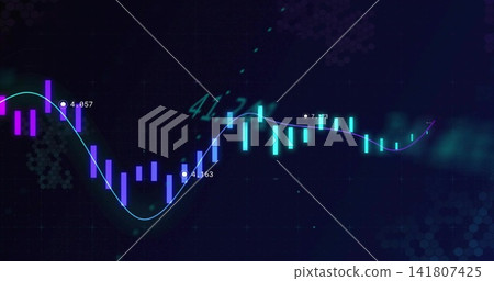 Displaying market chart on dark grid, showing cyan pink candlesticks, neon trend, markers Displaying market chart on dark grid, showing cyan pink candlesticks, neon trend, markers 141807425