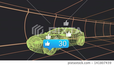 Floating neon-green mesh car cruising through orange grid tunnel with blue 30 bubble, thumbs-up Floating neon-green mesh car cruising through orange grid tunnel with blue 30 bubble, thumbs-up 141807439