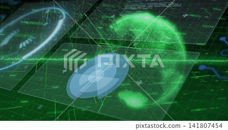 Floating green holographic globe rotating in virtual HUD, showing radar disc, scan line, data nodes Floating green holographic globe rotating in virtual HUD, showing radar disc, scan line, data nodes 141807454