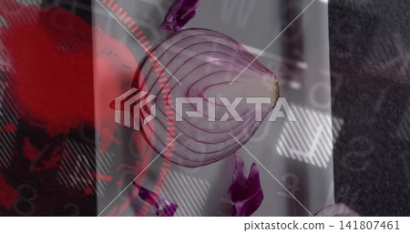 Displaying halved purple onion resting on glossy panel at tabletop, with peel fragments and red HUD Displaying halved purple onion resting on glossy panel at tabletop, with peel fragments and red HUD 141807461